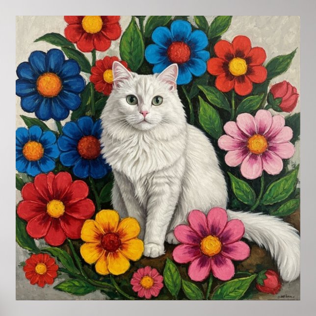 Affiche Chat Blanc Fluffy et Fleurs d'Art Populaire (Devant)