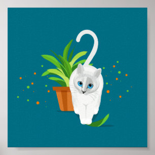 Affiche Chat blanc géométrique passant devant un pot plant