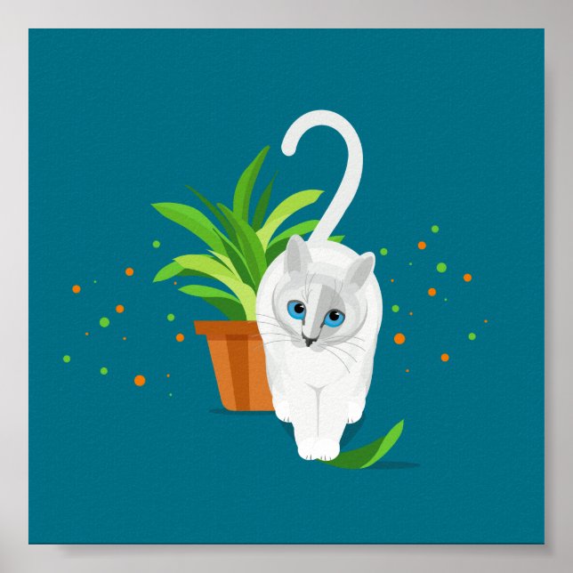Affiche Chat blanc géométrique passant devant un pot plant (Devant)