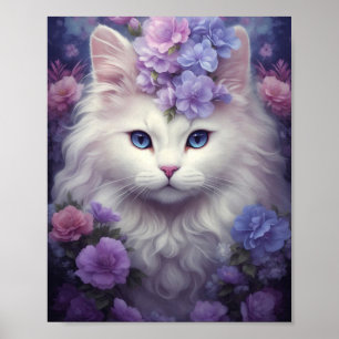Affiche Chat blanc Imaginaire avec fleurs