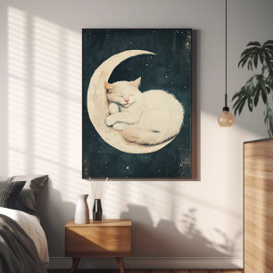 Affiche Chat blanc mignon dormant sur la lune