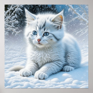 Affiche Chat blanc mignon jouant dans la neige