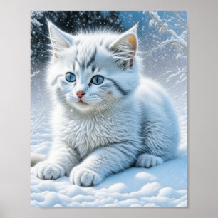 Affiche Chat blanc mignon jouant dans la neige