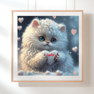 Affiche Chat blanc mignon tenant coeur art personnalisé