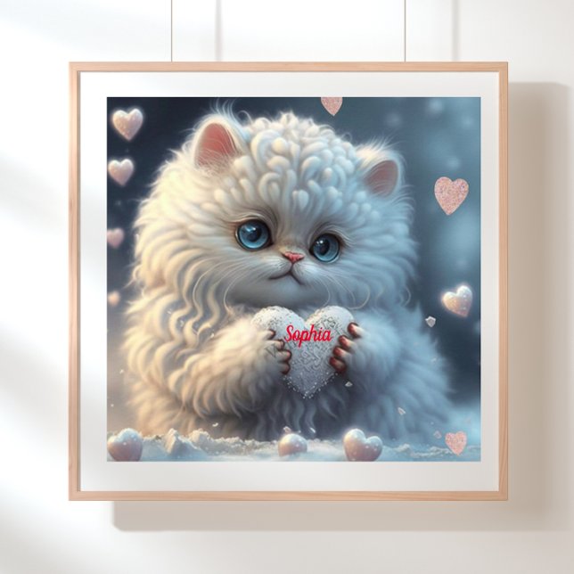 Affiche Chat blanc mignon tenant coeur art personnalisé (Créateur téléchargé)