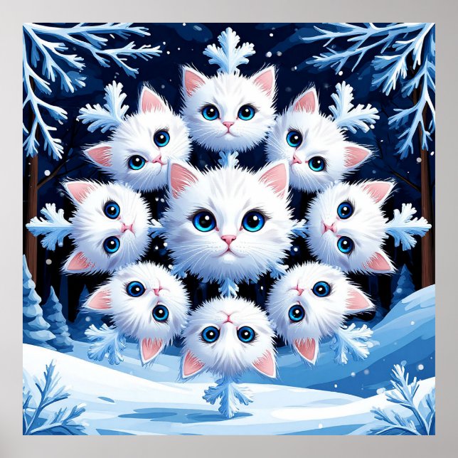 Affiche Chat blanc mignon visages disposés en flocon de ne (Devant)