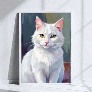 Affiche Chat Blanc   Peinture de Chat de Compagnie à l'Aqu