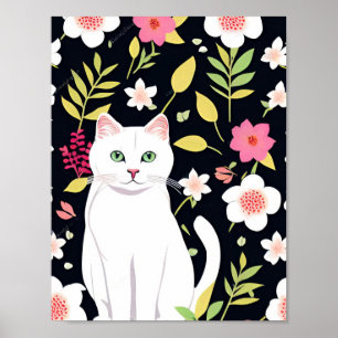 Affiche Chat blanc souriant au milieu des fleurs sans cout
