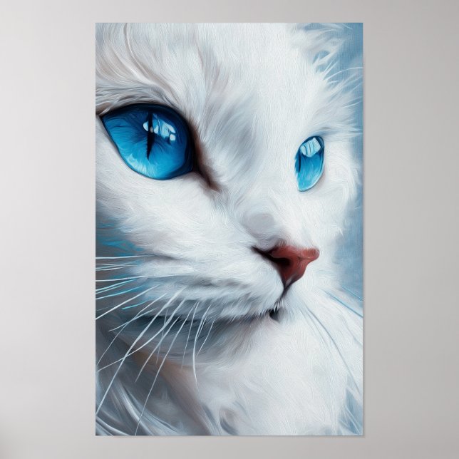 Affiche Chat blanc vertical aux yeux bleus (Devant)