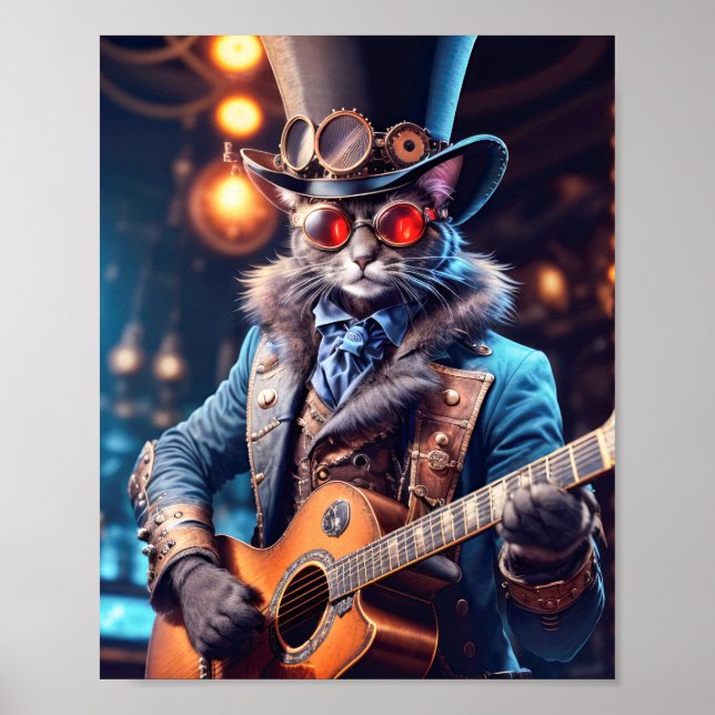Affiche Chat bleu en robe steampunk jouant de la guitare a (Devant)
