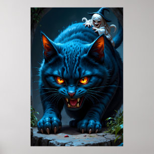 Affiche Chat bleu énorme avec une sorcière méchante dans u