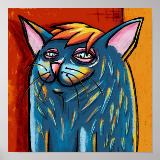 Affiche Chat bleu heureux mignon au pastel à l'huile numér (Devant)