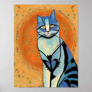 Affiche Chat bleu mosaïque marocaine Art abstrait soleil d
