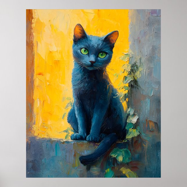 Affiche Chat Bleu Russe dans une Lumière Dorée – Rebord Pa (Devant)