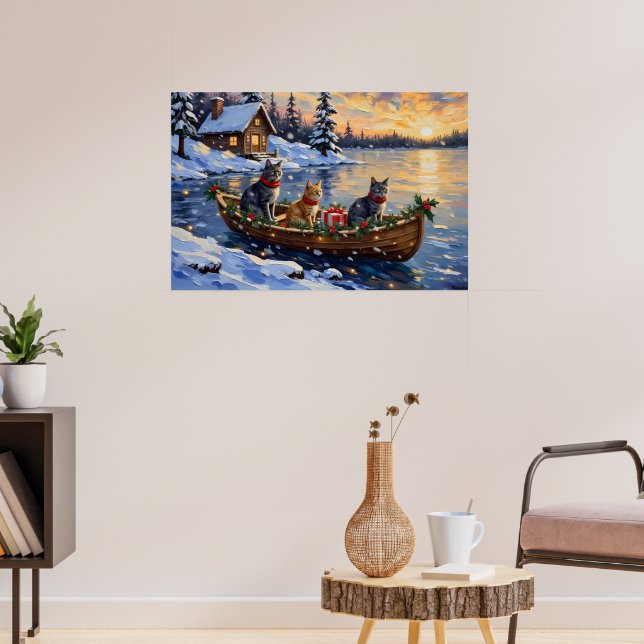 Affiche Chat Bleu Russe Noël Bateau Fêtes (Salon 3)