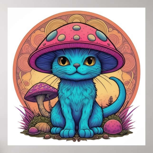 Affiche Chat bleu sous Casquette de champignon (Devant)