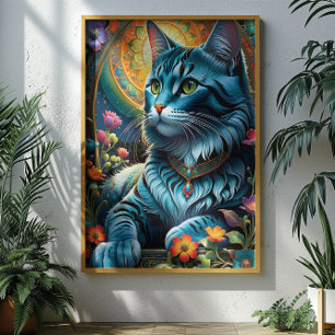 Affiche Chat bleu Whimsical et oasis florale