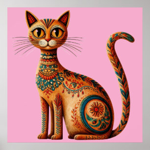 Affiche Chat bohème tribal mignon art folklorique avec des