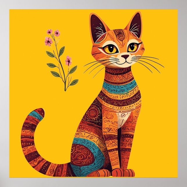 Affiche Chat bohème tribal mignon art folklorique avec des (Devant)