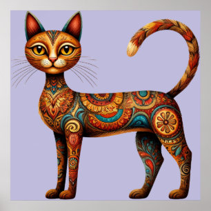 Affiche Chat bohème tribal mignon art folklorique avec des