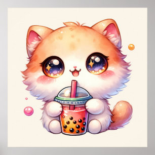 Affiche Chat Boire Boba Cute Bubble Thé