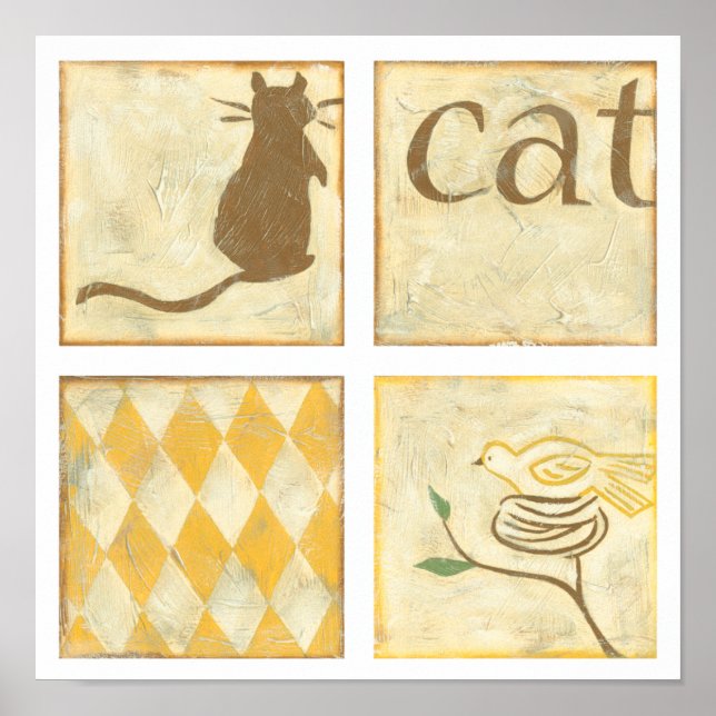 Affiche Chat Brown et oiseau jaune par Chariklia Zarris (Devant)
