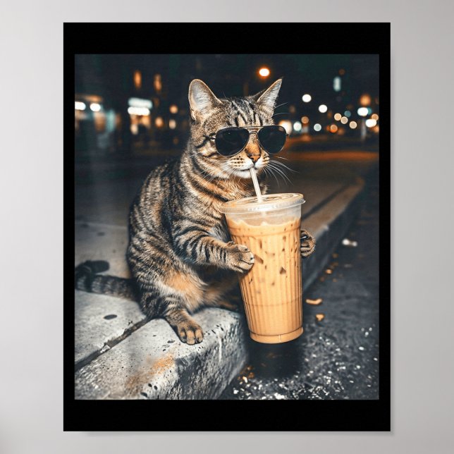 Affiche Chat Buvant Café Glacé Mème D'animal Drôle Hommes  (Devant)