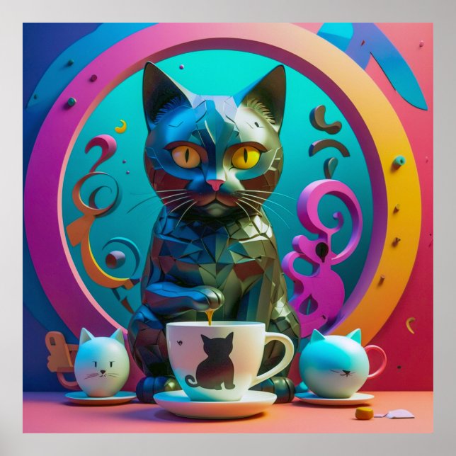 Affiche Chat, café et couleur (Devant)
