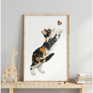 Affiche Chat calicot fantaisiste et papillon - Art aquarel