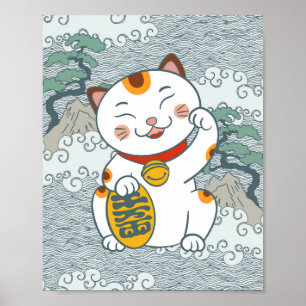 Affiche Chat calicot japonais chanceux Maneki Neko Patte