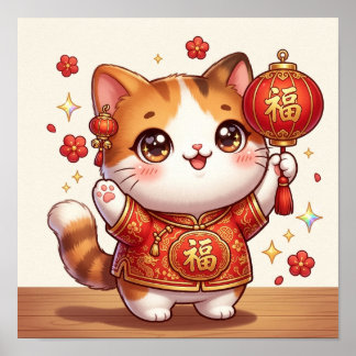 Affiche Chat chanceux Kawaii Nouvel An Chinois Lanterne Fe