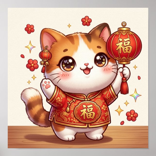 Affiche Chat chanceux Kawaii Nouvel An Chinois Lanterne Fe (Devant)