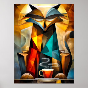 Affiche Chat charmant – Philosophe cubiste avec café