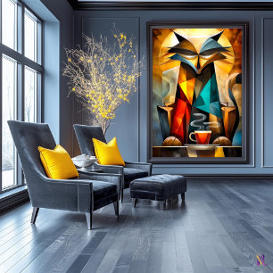 Affiche Chat charmant – Philosophe cubiste avec café