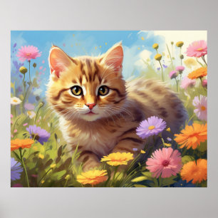 Affiche *~*  Chat Chaton 5:4  Champ de Chatons Fleurs Sauv