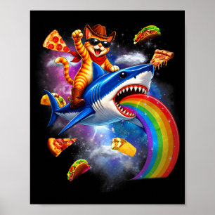 Affiche Chat chevauchant requin arc-en-ciel pizza taco gal