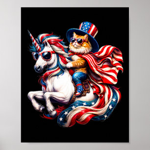 Affiche Chat chevauchant une licorne drapeau américain pat