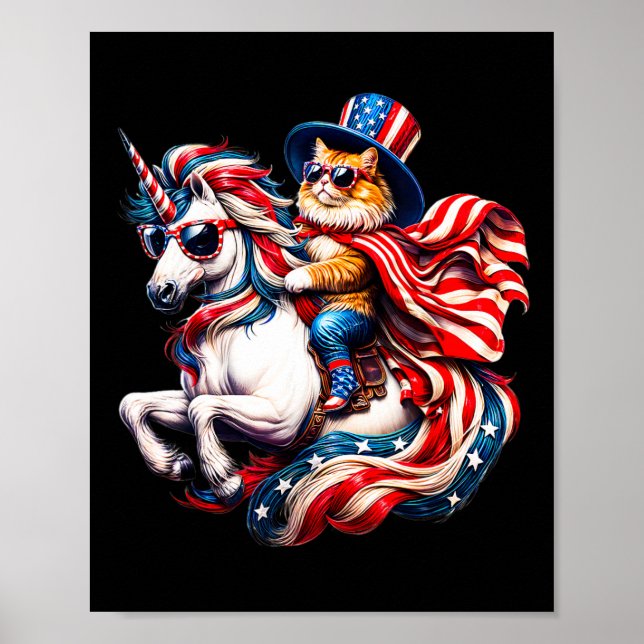 Affiche Chat chevauchant une licorne drapeau américain pat (Devant)