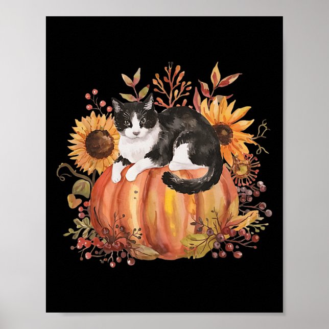 Affiche Chat Citrouille Automne Tuxedo Sunflower Thanksgiv (Devant)