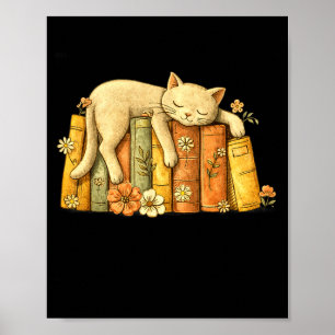Affiche Chat classique vintage endormi et livres mignon
