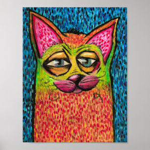 Affiche Chat Coloré au Pastel à l'Huile Couleurs Vives Cha