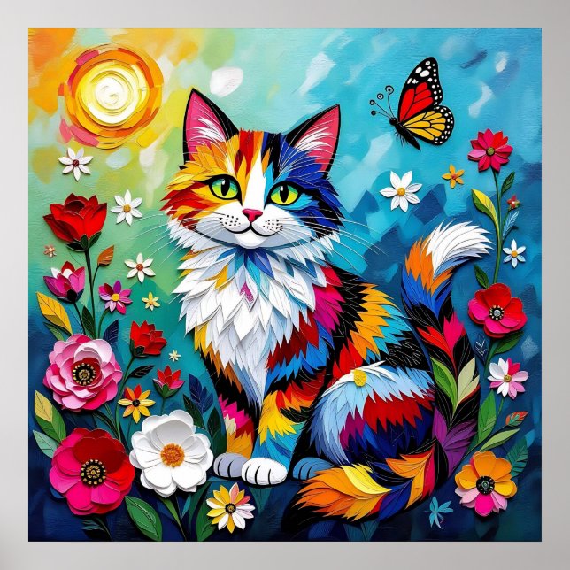 Affiche Chat coloré et papillon (Devant)