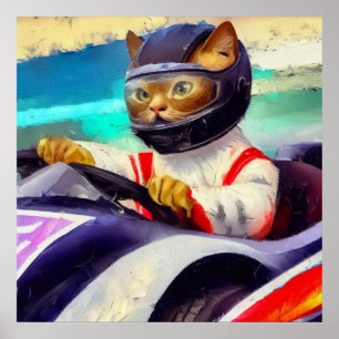 Affiche Chat conduisant une voiture de course