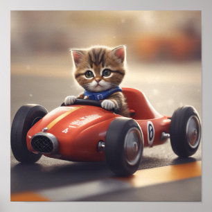 Affiche Chat conduisant une voiture de course
