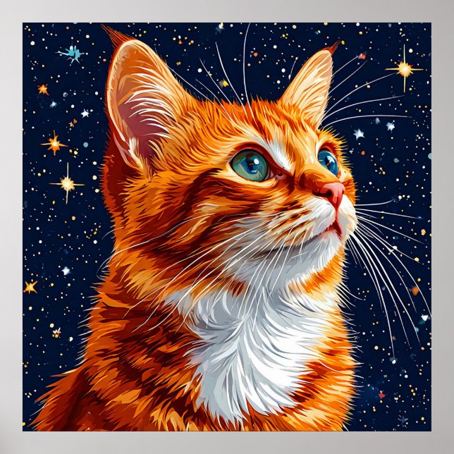 Affiche Chat contemplant un ciel cosmique étoilé (Devant)