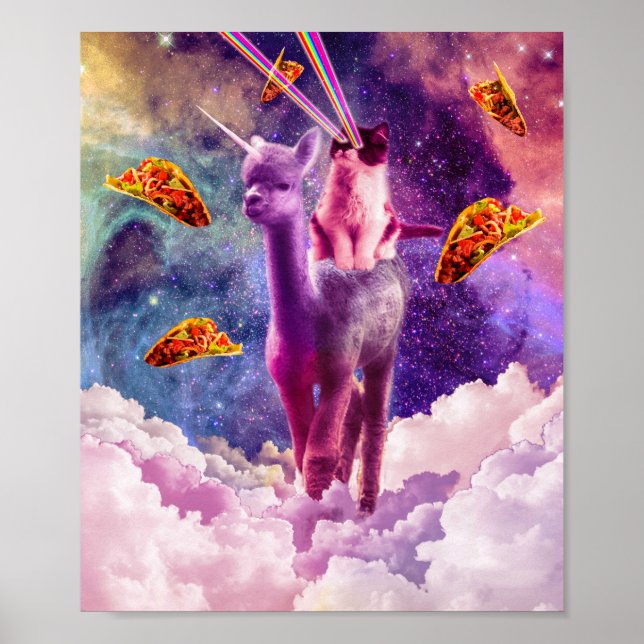 Affiche Chat cosmique équitation Alpaca Unicorn (Devant)