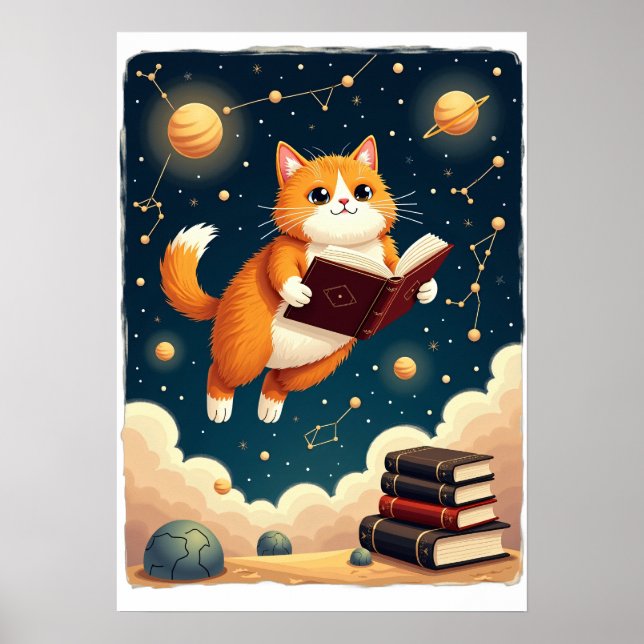 Affiche Chat Cosmique Ver de Livre Spatial Tshirt Autocoll (Devant)