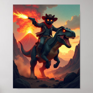 Affiche Chat Cowboy Épique Chevauchant un Dinosaure Fant