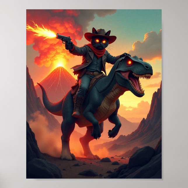 Affiche Chat Cowboy Épique Chevauchant un Dinosaure | Fant (Devant)