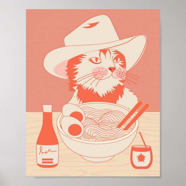 Affiche Chat cowboy mangeant des Ramen (Devant)